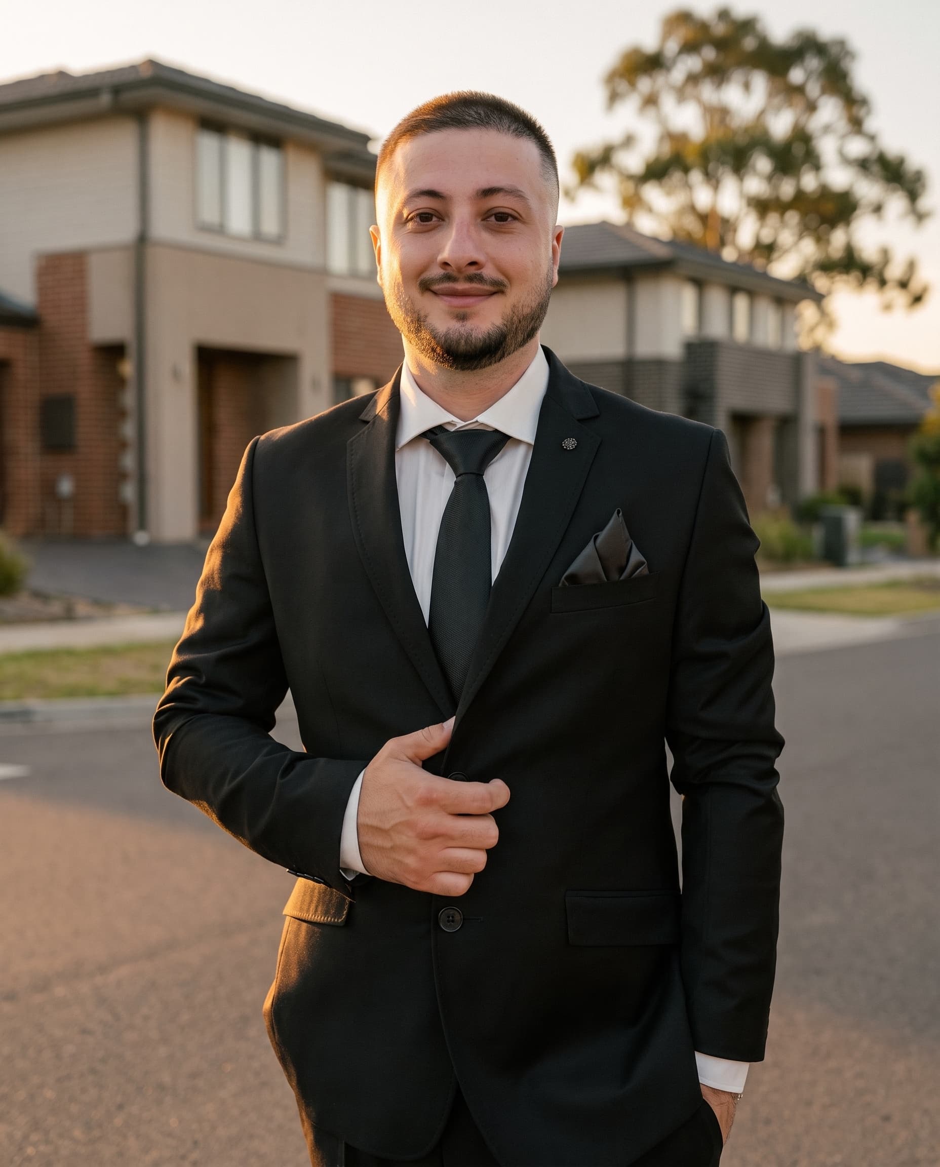 Ali Akbar in a dark suit on a suburban street at sunset, new two-storey homes behind him