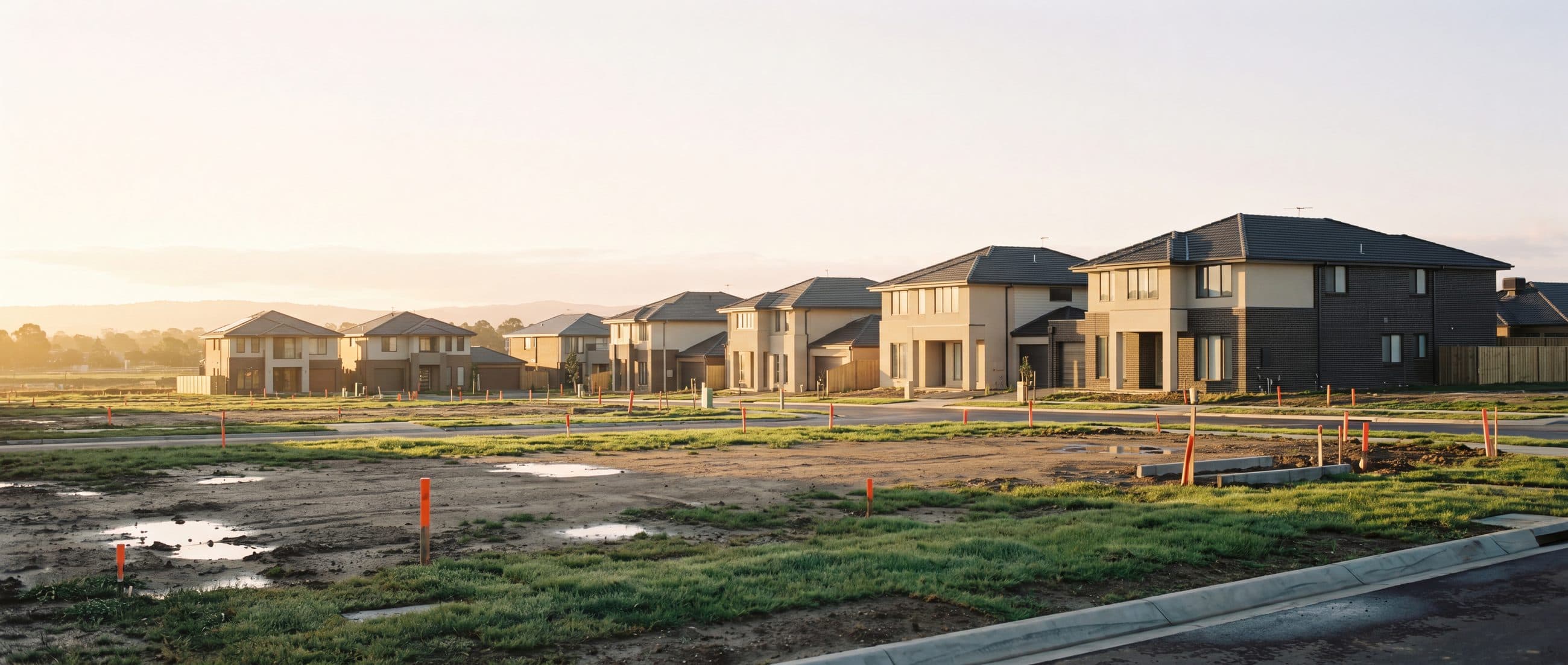 A new-build home at Clyde with fresh concrete and open sky behind it