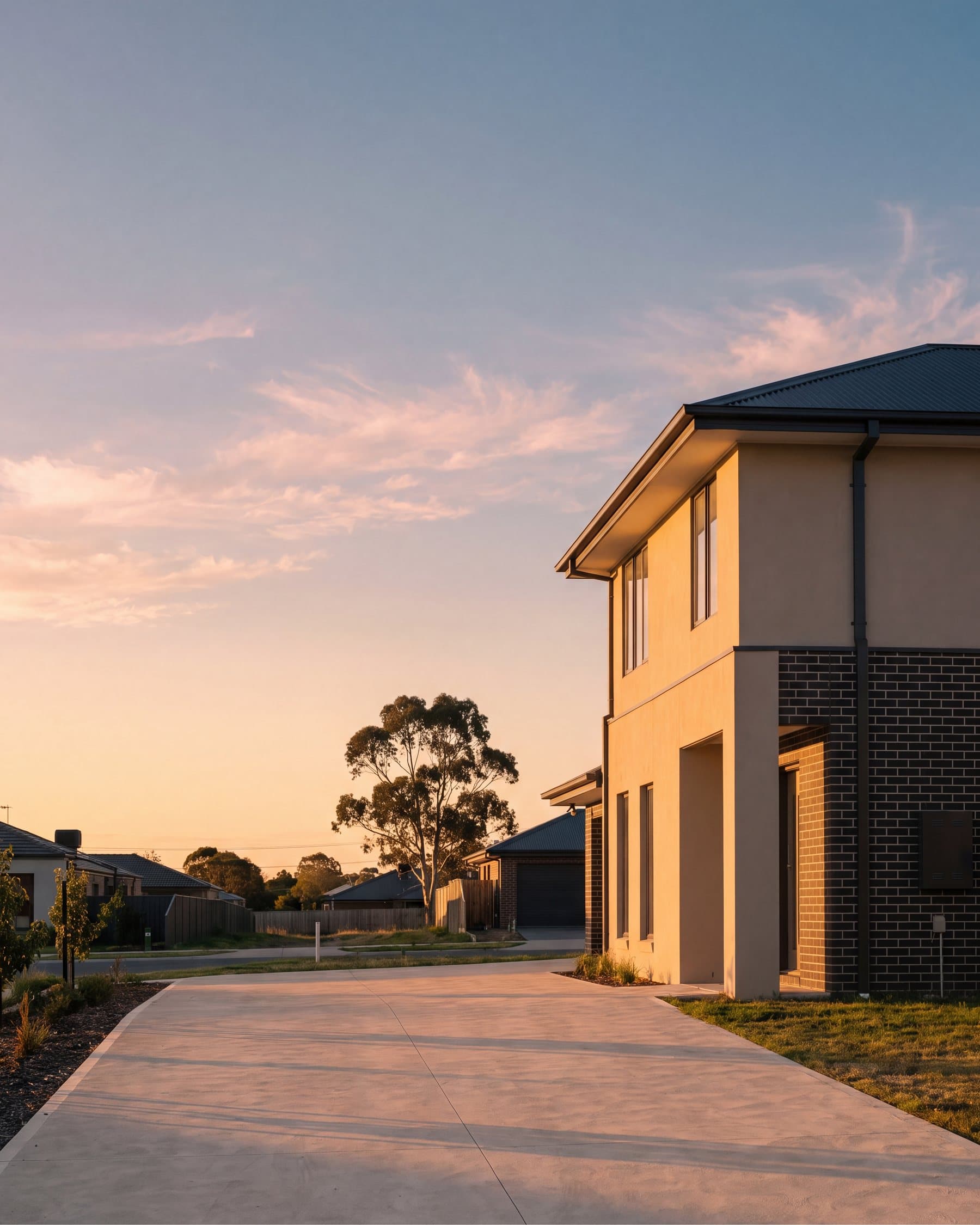 A quiet street of new homes in South East Melbourne at golden hour