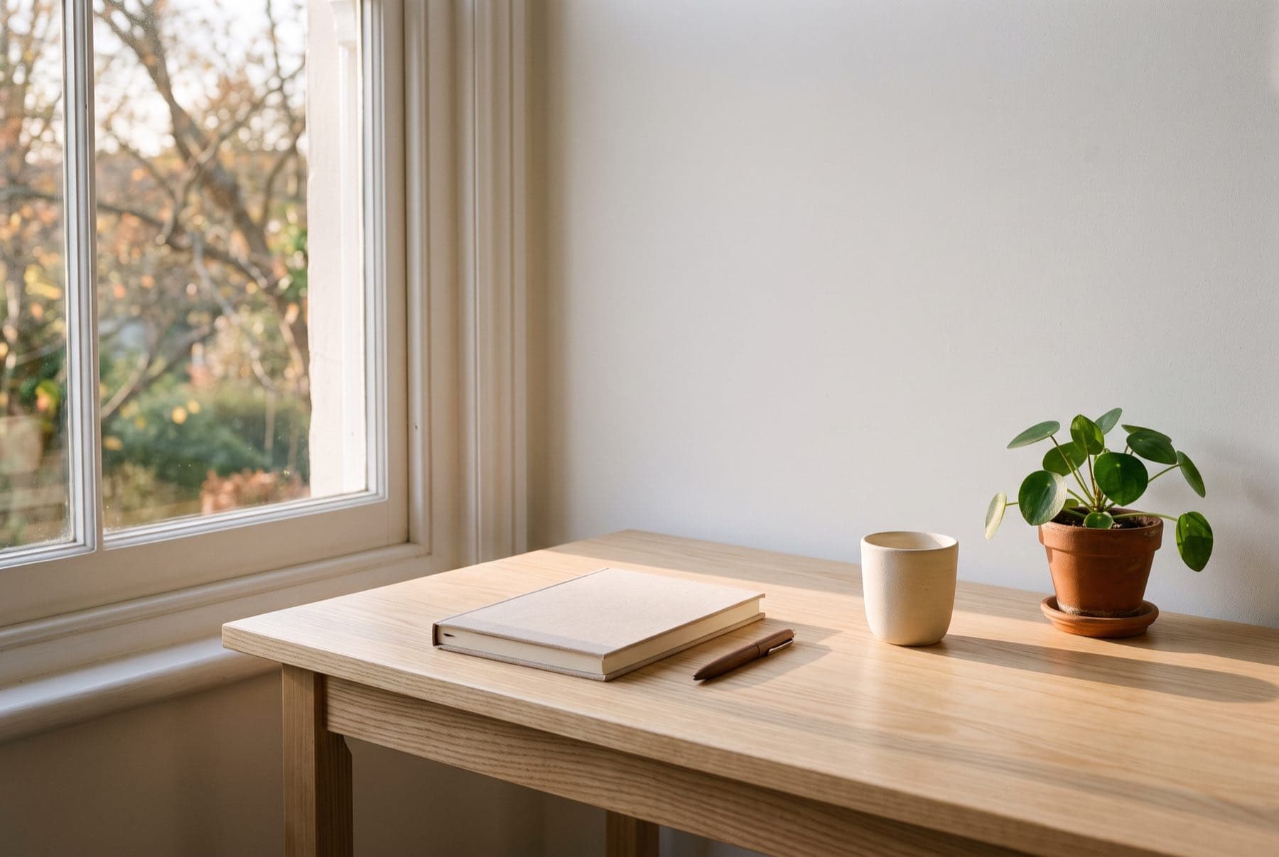 A quiet desk beside a window in the late afternoon, a closed notebook and a cup on it