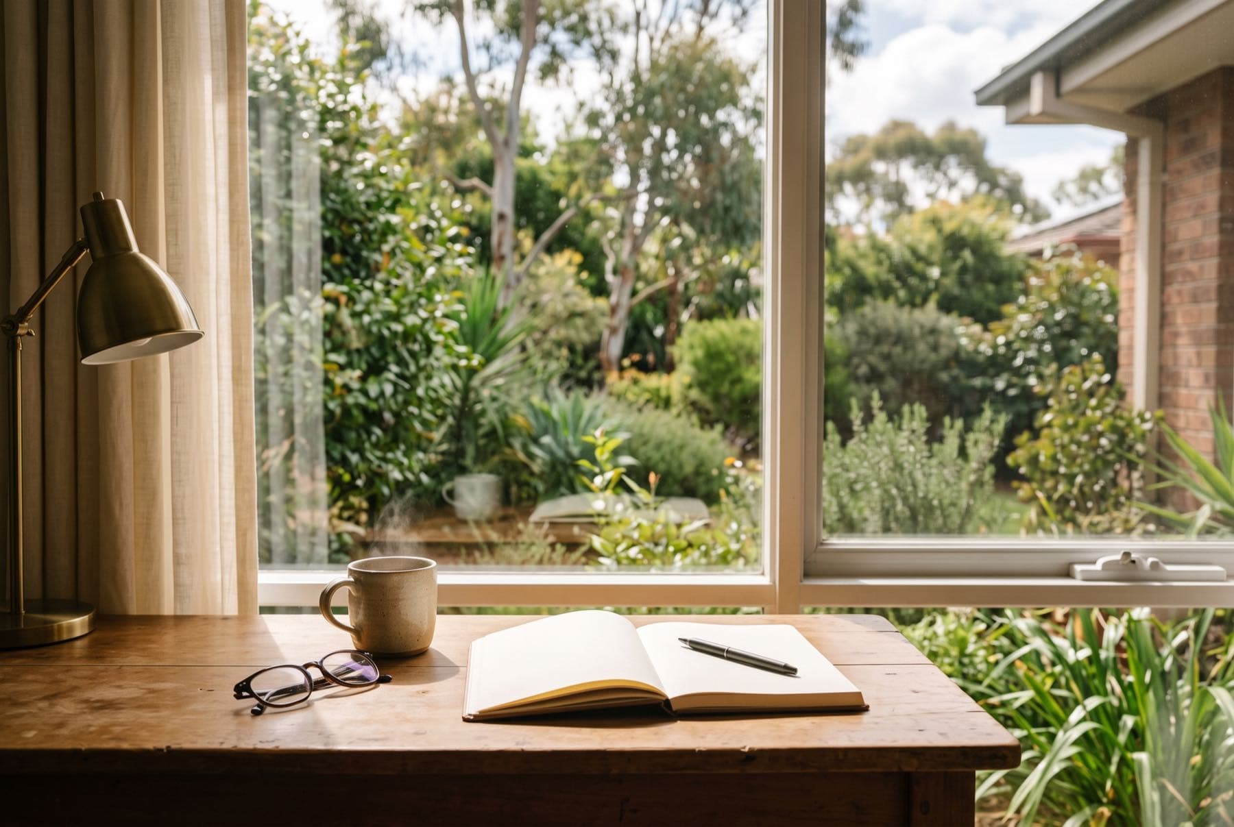 A writing desk at a window, an open notebook and a cup of tea, a garden beyond the glass