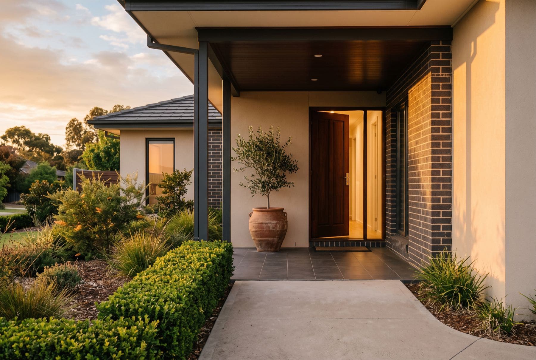 The front porch of a suburban home at sunset, the door standing open with light coming from inside