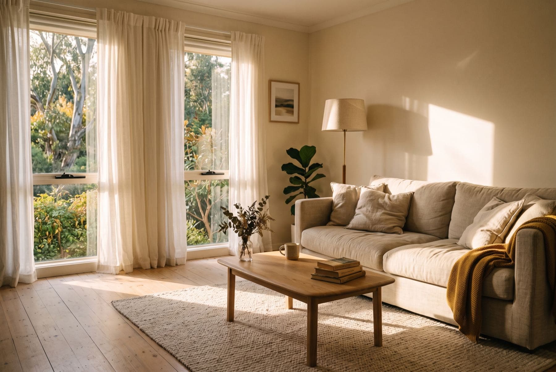 A lounge room in the late afternoon, sun falling in one band across the floor and the sofa