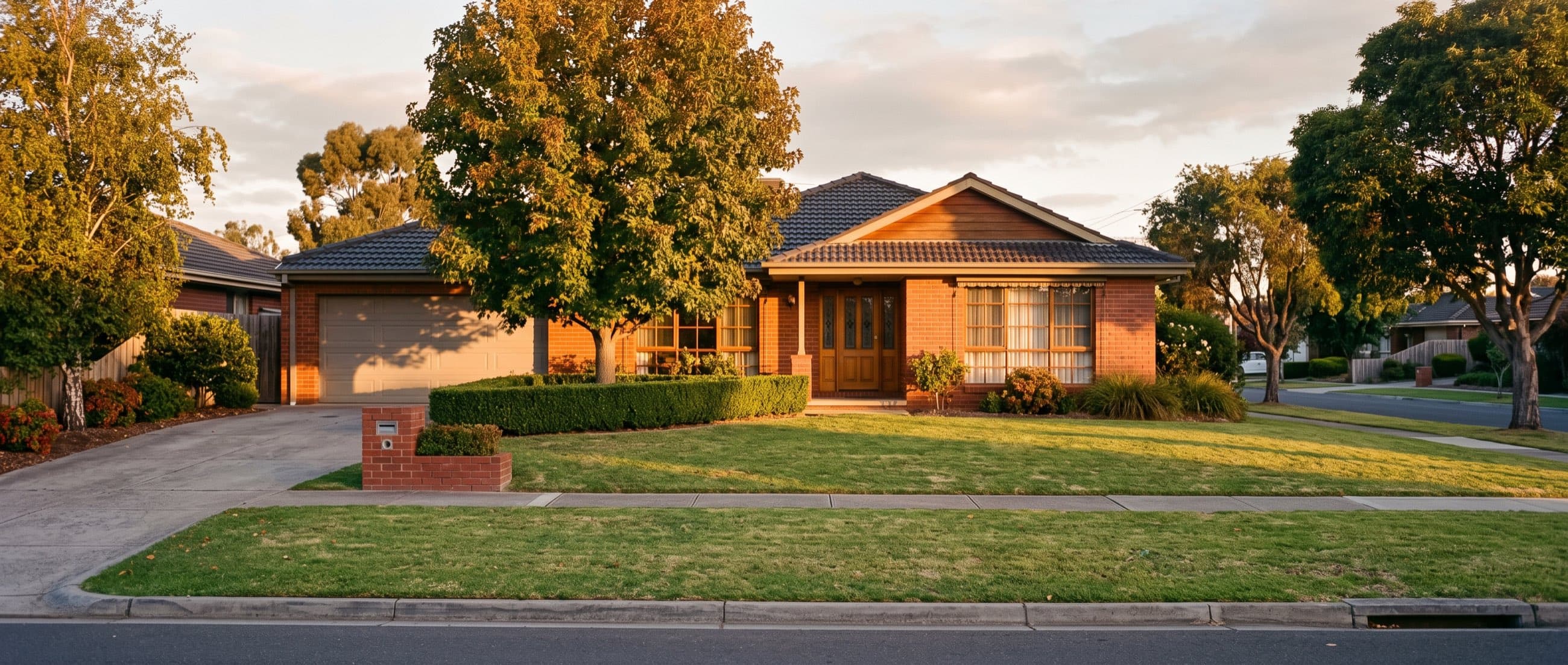 The front of a single-storey brick home with a cut lawn, late afternoon light