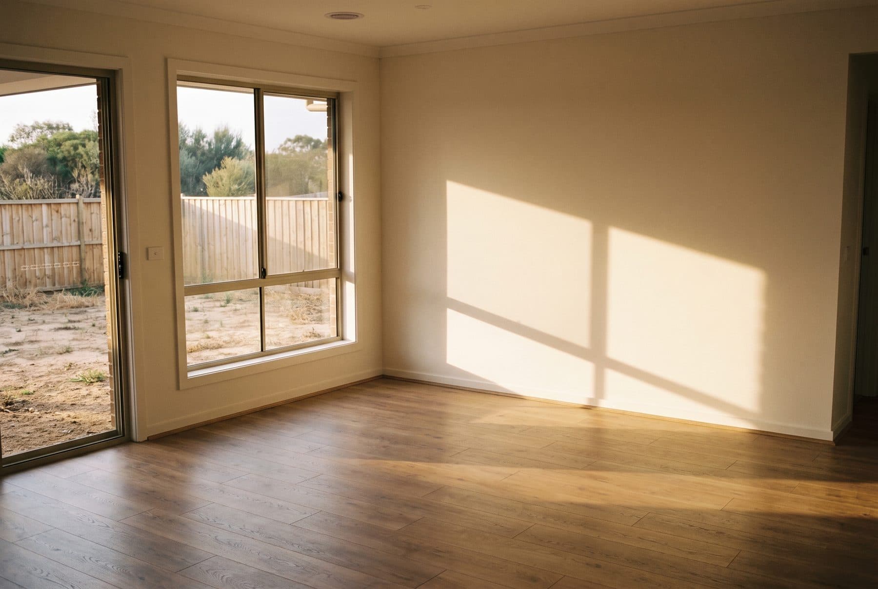 An empty kitchen in a new build, morning light along the bench
