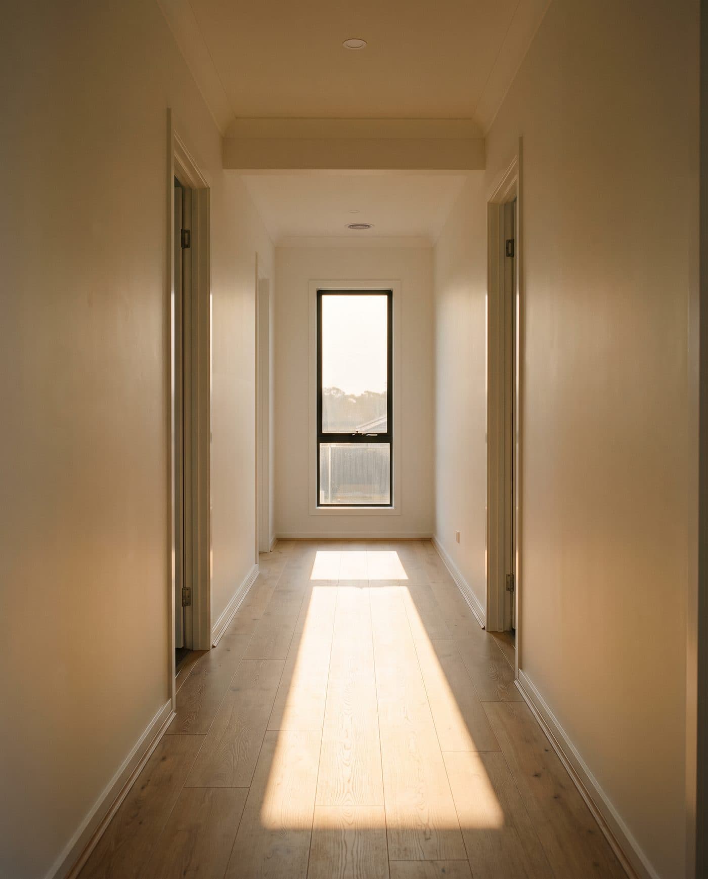An empty hallway with doors open onto bare rooms